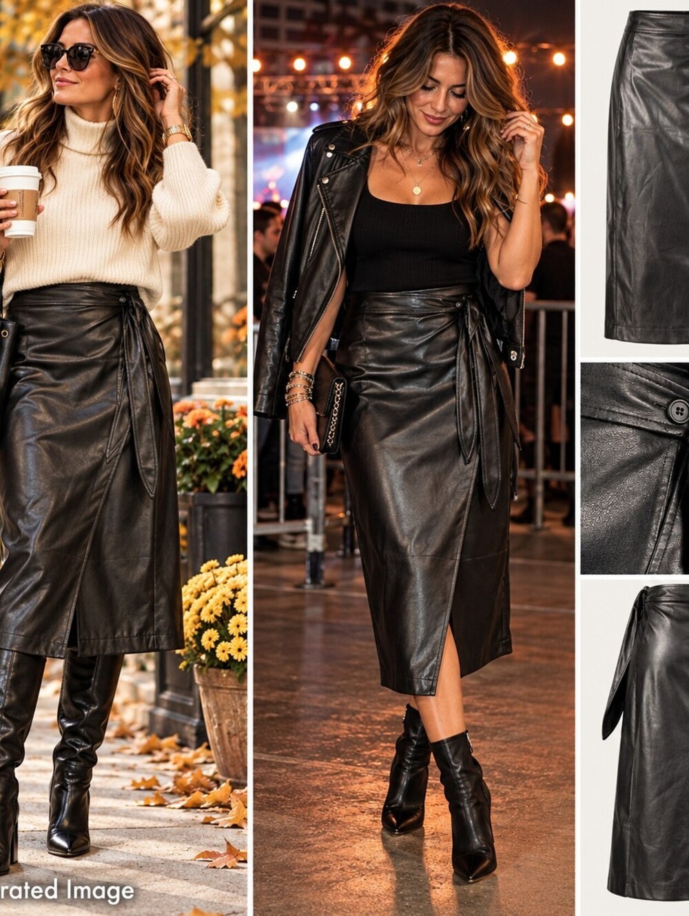7 For All Mankind Vegan Leather Wrap Midi Skirt Black Tie Waist Womens L